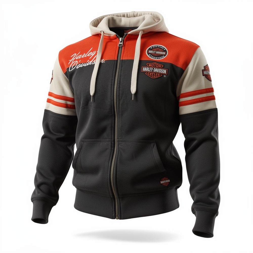 Harley-Davidson Men's Black, Orange, and Cream Varsity Jacket